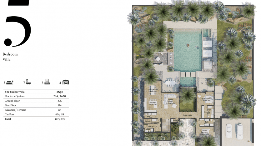 Plan architectural du rez-de-chaussée d'une villa de 5 chambres, comprenant des chambres, des salles de bains, une cuisine et des espaces de vie. La zone centrale met en valeur une piscine entourée de jardins "al jure". Annotations détaillées