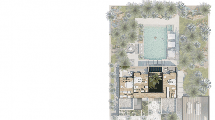 Plan architectural du premier étage d'une maison de luxe comprenant une disposition détaillée al jure des pièces, des meubles, une grande piscine centrale, entourée de jardins et de palmiers. Vue de dessus avec une vue détaillée et