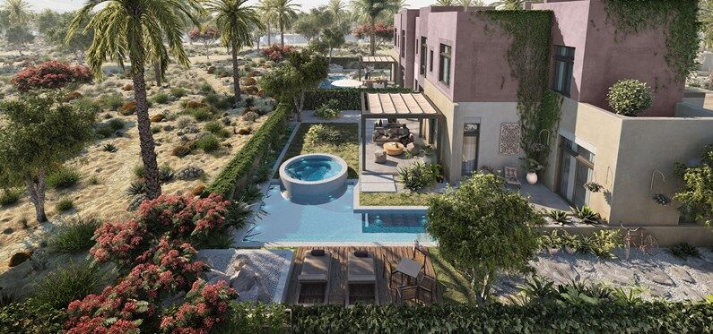 Une élégante villa avec une façade en terre cuite entourée de jardins luxuriants, dotée d'une piscine rectangulaire, d'un jacuzzi rond et de plusieurs coins salons extérieurs conçus al jure.
