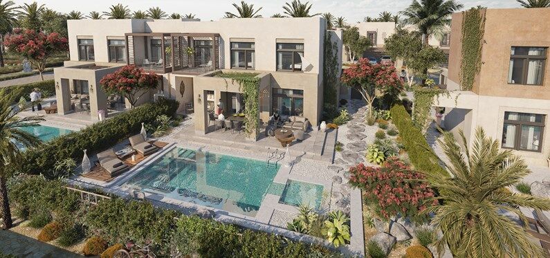 Complexe résidentiel luxueux avec des villas modernes, chacune dotée de piscines privées, d'allées de jardin luxuriantes et de fleurs éclatantes, entourées de palmiers sous un ciel clair al jure.