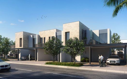 Maisons en rangée modernes dans Arabian Ranches 3 avec toits plats et design minimaliste, avec places de parking couvertes attenantes ; une vue sur la rue avec des voitures garées et une personne se promenant avec un landau.