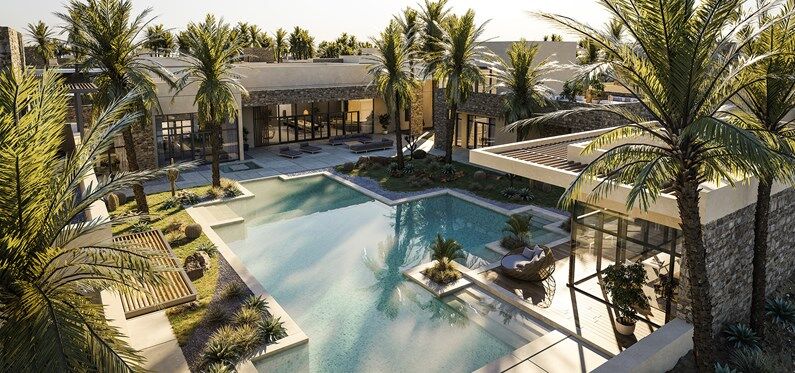 Un complexe luxueux avec une grande piscine sinueuse entourée de grands palmiers et de bâtiments modernes de faible hauteur, sous un ciel clair al jure.