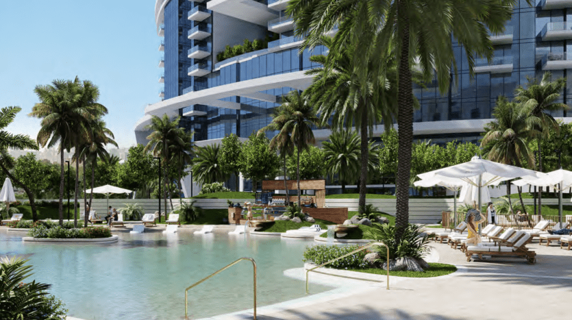 The resort's luxurious pool is surrounded by lush palm trees, with the Roberto Cavalli Tower in the background. White sun loungers and parasols line the pool, reinforcing the tranquil, tropical ambience.