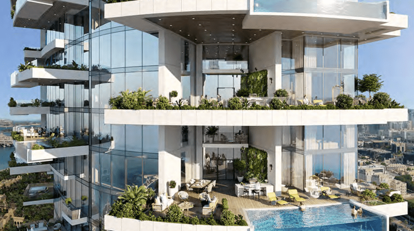 Modern high-rise villa in Dubai featuring large balconies with pools, abundant greenery and luxurious outdoor living spaces, set against a backdrop of urban landscape.