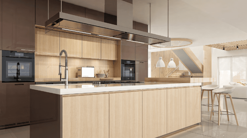 Une cuisine au design moderne comprenant des armoires en bois, un îlot central avec des tabourets de bar et des appareils électroménagers intégrés en acier inoxydable, baignée de lumière naturelle provenant d'une propriété de Binghatti Dubaï.