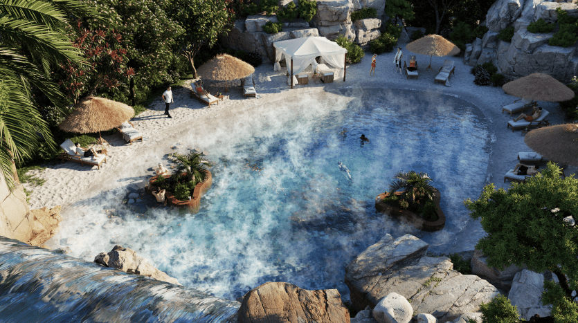 Vue aérienne d'une luxueuse piscine du complexe Damac Lagoons Costa Brava entourée d'une verdure luxuriante et de chaises longues, avec des gens nageant et se relaxant sous des parasols.