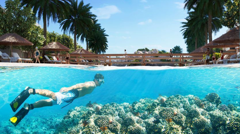 Une image en vue partagée montrant un homme faisant de la plongée sous-marine à gauche, observant des coraux et des poissons aux couleurs vives, et une scène de station balnéaire de Damac Lagoons sur la Costa Brava avec des palmiers, des cabanes,