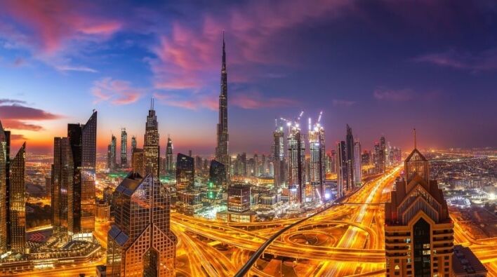 Vue panoramique sur les toits d'une ville animée au crépuscule avec des gratte-ciels illuminés et des autoroutes très fréquentées, avec une haute tour proéminente parmi l'architecture de la ville, mise en valeur par la taxe immobilière unique de Dubaï