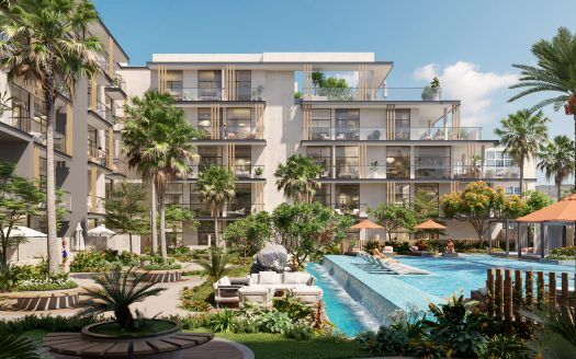 Un complesso di appartamenti di lusso con una grande piscina circondata da palme, sedie a sdraio e diversi edifici moderni, sotto un cielo azzurro e limpido a Oxford 212.