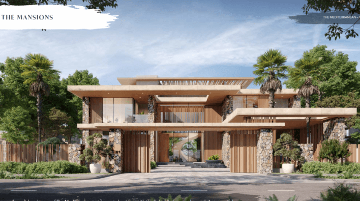 Une grande maison de luxe avec un mur de pierre et des arbres à Dubaï.