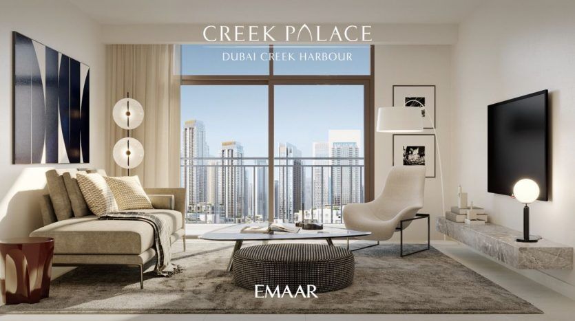 Modern living room with chic decor in the Dubai Creek Harbour villa, featuring a large window overlooking the city's rooftops, elegant furnishings and a plush sofa.