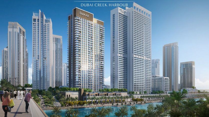 Artistic representation of the Creek Palace complex in Dubai Creek Harbour, with large modern skyscrapers overlooking a lively waterfront promenade with lush greenery and luxurious villas.