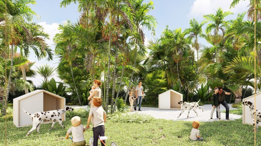 Une scène extérieure avec plusieurs personnes et dalmatiens interagissant autour de niches géométriques au milieu d’une végétation tropicale luxuriante. Les enfants jouent, les adultes socialisent sous un ciel clair et ensoleillé, à l'image des opportunités de style de vie dynamique