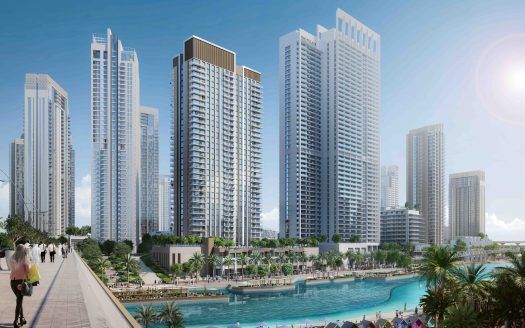 Una vivace scena urbana sul lungomare di Dubai con diversi grattacieli, una vivace passeggiata pedonale e una grande piscina che brulica di persone sotto un cielo limpido e soleggiato.
