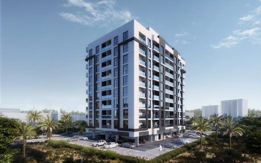 Un moderno grattacielo circondato da palme sotto un cielo azzurro a Dubai, con veicoli parcheggiati alla base.