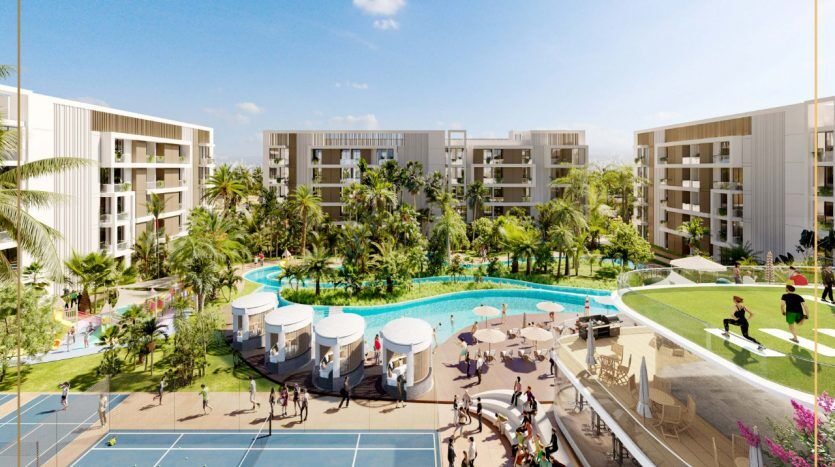 Rendu architectural d'un complexe résidentiel à Dubaï avec deux grandes piscines, plusieurs immeubles d'appartements modernes environnants et plusieurs zones de loisirs, notamment des courts de tennis et des espaces verts luxuriants.