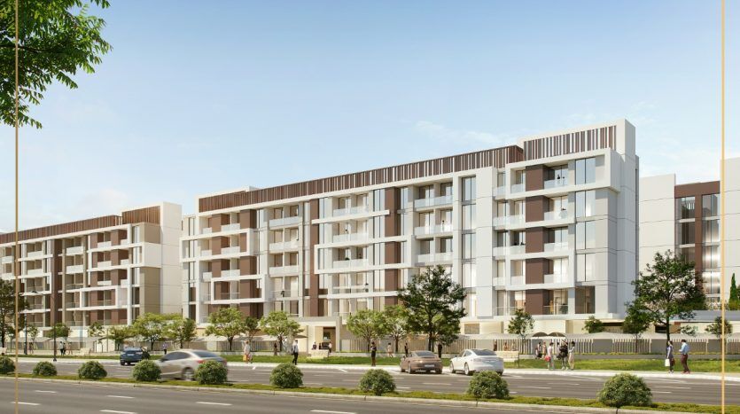 Illustration d'un immeuble résidentiel moderne à plusieurs étages, étiqueté « villa Dubaï », avec des balcons et des voitures dans une rue en face, des piétons marchant et un ciel dégagé.