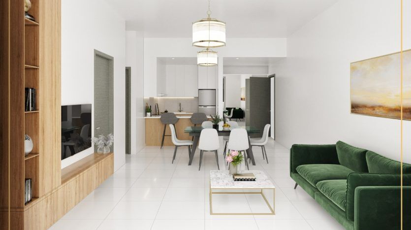 Un intérieur d'appartement moderne à Dubaï avec un design minimaliste comprenant un canapé en velours vert, un ensemble de salle à manger blanc, des accents en bois et un éclairage élégant. Un miroir de couloir et des œuvres d'art murales embellissent l'espace.