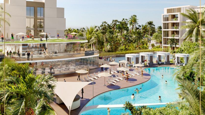 Illustration d'un complexe luxueux comprenant une piscine, des chaises longues et un espace bar, entouré d'une verdure luxuriante et d'immeubles d'appartements modernes à Dubaï sous un ciel bleu clair.