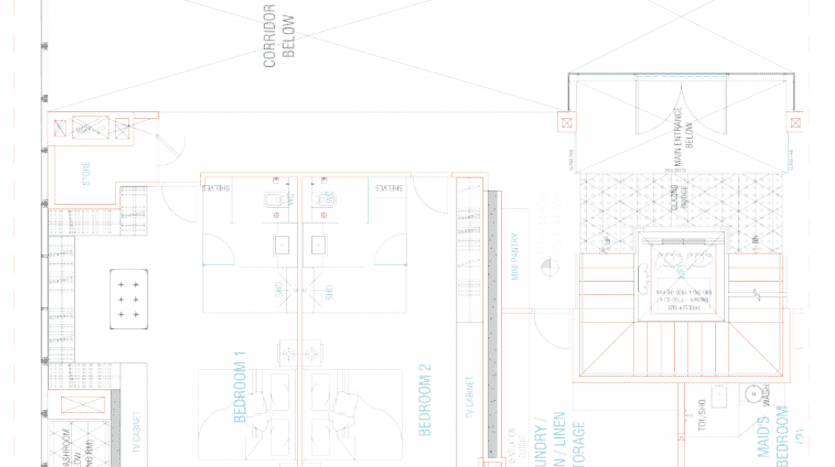 Architectural floor plan of a villa in Dubai showing the layout of two bedrooms, a kitchen, laundry and storage spaces with detailed measurements and design elements.