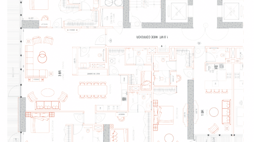 Architectural floor plan for a villa in Dubai, featuring a detailed layout with different rooms, furniture locations and measurements. The design includes text annotations and symbols specific to the architecture.