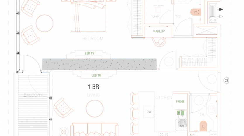 Detailed architectural plan of a one-bedroom apartment in Dubai including labeled furniture and fixtures, comprising bedroom, living room, kitchen, balcony and bathroom.