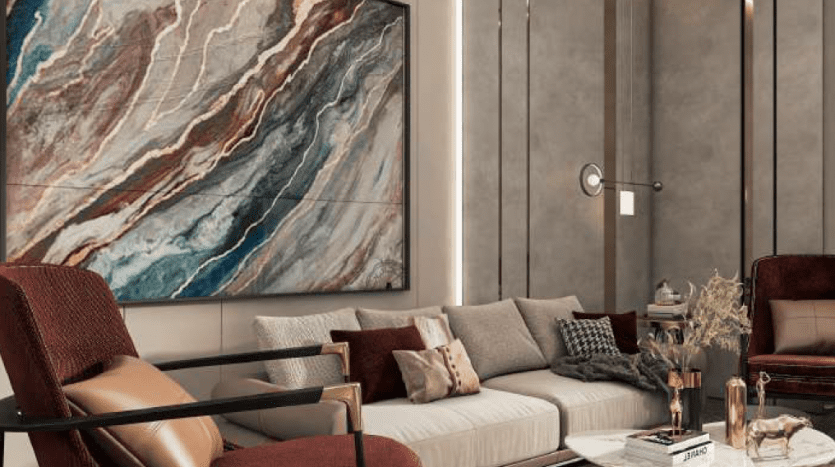 A modern living room with a large abstract painting above a beige sofa, red side chairs and round black coffee tables. Soft lighting and luxurious decorative elements enhance the warm ambience, reflecting an immaculate agency.