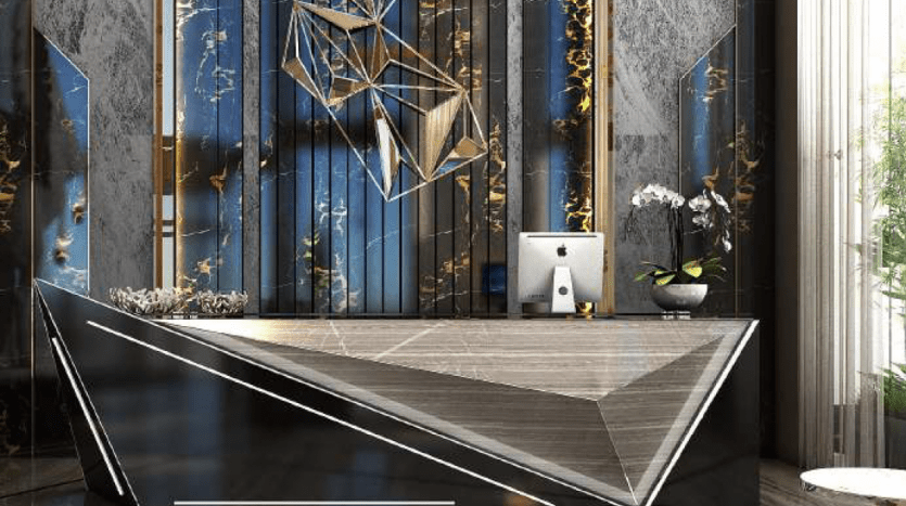 Luxurious modern lobby with an artistic, angular reception counter, decorated with marble walls, gold accents and geometric lighting, complemented by a lush orchid and minimalist seating. This space reflects the