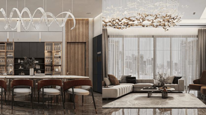 Luxurious, modern apartment interior featuring a stylish kitchen with circular dining area and elegant living room with plush seating, large windows offering city views and artistic lighting fixtures, ideal for Dubai real estate