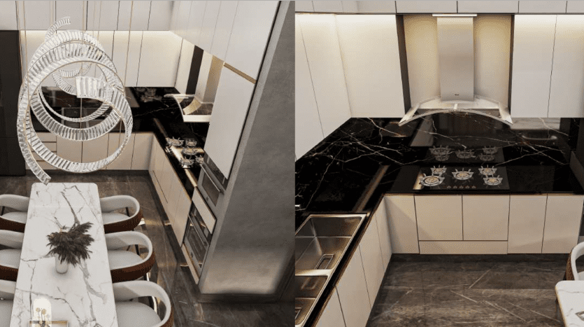 A luxurious, modern kitchen and dining area with marble floors, black countertops, white cabinetry and a large spiral chandelier above an elegant dining table in a Dubai apartment.