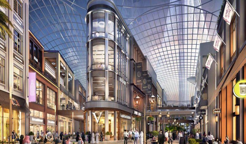 An artistic representation of a modern, bustling shopping mall in Dubai, with a transparent vaulted roof, several levels with various stores and a crowd of customers enjoying the vibrant atmosphere.