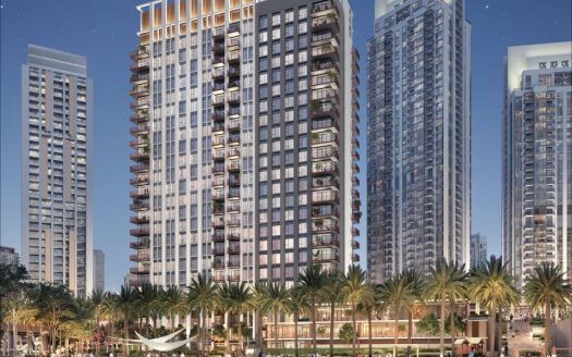 Rendering digitale di moderni grattacieli residenziali sul lungomare di Dubai, caratterizzati da balconi con vegetazione lussureggiante e aree ricreative comuni al tramonto.