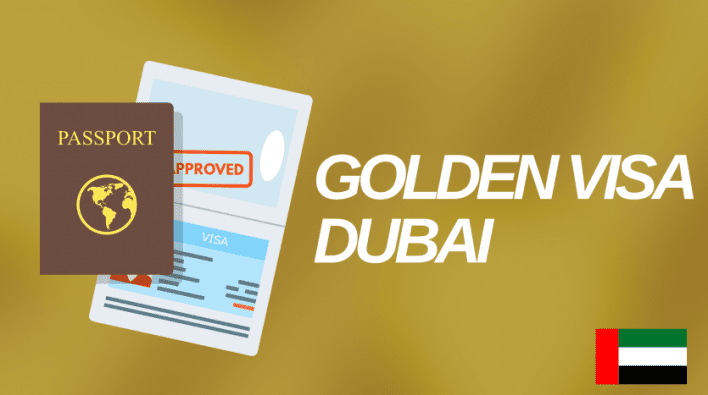Un graphique d'un passeport et d'un document de visa approuvé avec le texte « Golden Visa Dubai » et le drapeau des Émirats arabes unis sur fond doré, mettant en évidence les opportunités dans l'immobilier Dubaï.