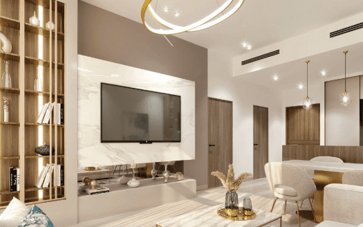 Una villa moderna a Dubai con arredi eleganti, tra cui un grande televisore su una parete di marmo, mobili in stile, illuminazione decorativa ed eleganti scaffali con ornamenti.
