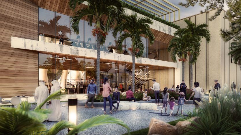 Une scène vibrante dans une villa moderne de Dubaï avec des accents en bois, mettant en vedette divers groupes de personnes interagissant, y compris des hommes en tenue traditionnelle, dans un cadre extérieur avec des plantes luxuriantes et des coins salons.