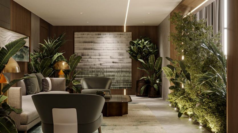 Villa moderne à Dubaï avec un mobilier élégant, un éclairage ambiant et des plantes d'intérieur luxuriantes, créant un environnement confortable et élégant.