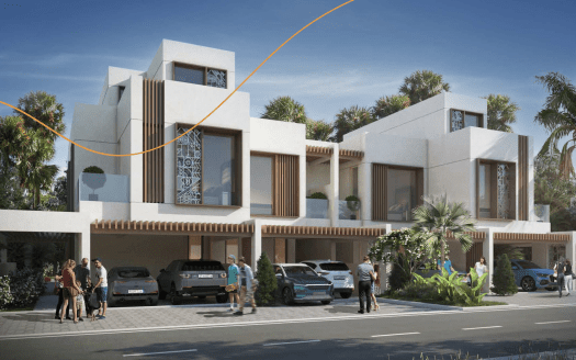 Immeuble résidentiel moderne à Dubaï au design élégant et contemporain avec des façades blanches et beiges, de grandes fenêtres et des garages privés. Les gens interagissent avec désinvolture devant les maisons.