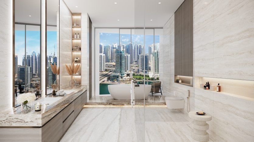 Luxurious bathroom in a Dubai villa with island bathtub, large windows highlighting the city's rooftops, elegant marble floors and walls and modern sinks.