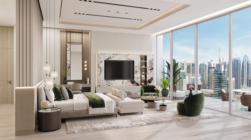 A modern living room in a Dubai villa with large windows showing a cityscape, an elegant sofa, a flat-screen TV on a marble wall, elegant lighting and indoor plants.