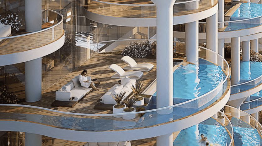 An architectural rendering of a modern multi-level spa apartment in Dubai with winding balconies, each with a small pool. People relax on sun loungers and in the pools, enjoying the serene, luxurious setting