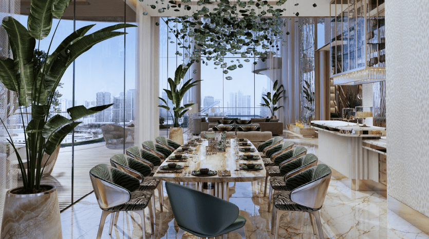 A luxurious Cavalli-inspired dining room features a long table set for a meal, surrounded by modern chairs. Marble floors, large plants and a decorative ceiling installation complete the elegance. Bay windows offer breathtaking views of the Dubai skyline.