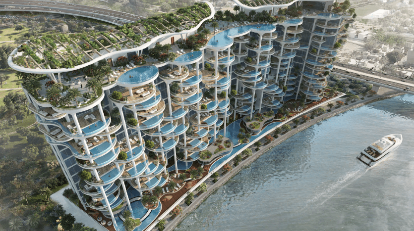 A futuristic riverside villa in Dubai, featuring several terraced floors with lush greenery and trees, next to a moving boat on the river.