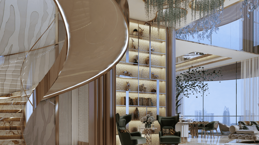 Luxurious entrance hall with spiral staircase, elegant chandeliers and well-stocked bookcase. The modern design features radical curves, marble floors and plush green chairs characteristic of the high-end.