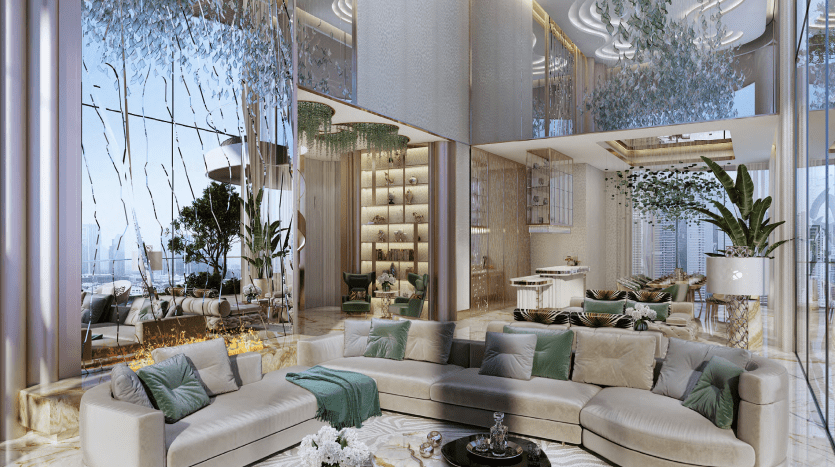 Luxurious modern living room in a Dubai villa with a large beige sectional sofa, glass walls and elegant decor with hanging gardens and chic lighting.