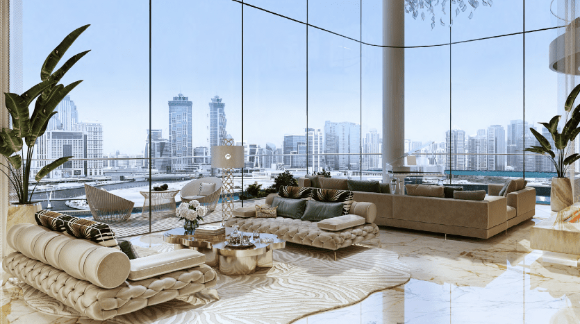Modern, spacious living room with large windows offering views of the cityscape. The room features hanging plants, plush sofas, elegant decor and marble flooring, creating a luxurious, airy ambience in this space.