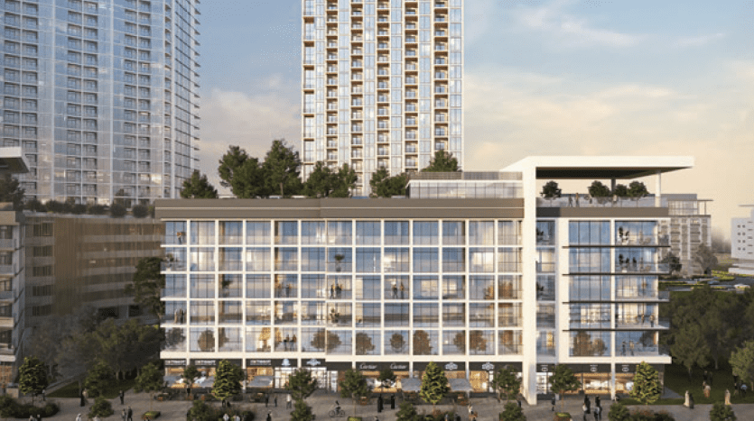 Architectural rendering of a modern urban landscape in Dubai with tall residential towers and a detailed lower building with glass facades, overlooking a bustling square filled with people and trees.