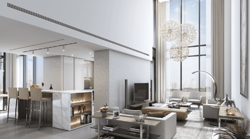 A luxurious, modern living room in a Dubai villa with high ceilings, large windows offering city views, elegant chandeliers and a stylish kitchenette.