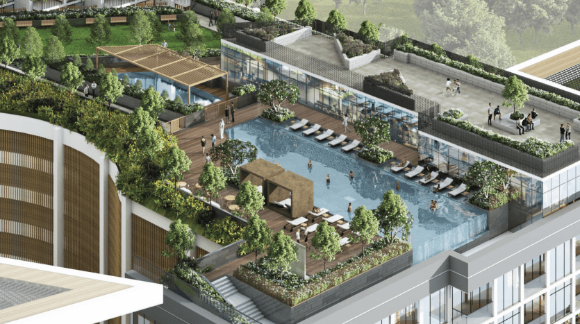 Aerial view of the roof of a luxury hotel with a large swimming pool surrounded by sun loungers, a covered bar area and lush greenery. People can be seen enjoying the amenities, reflecting the