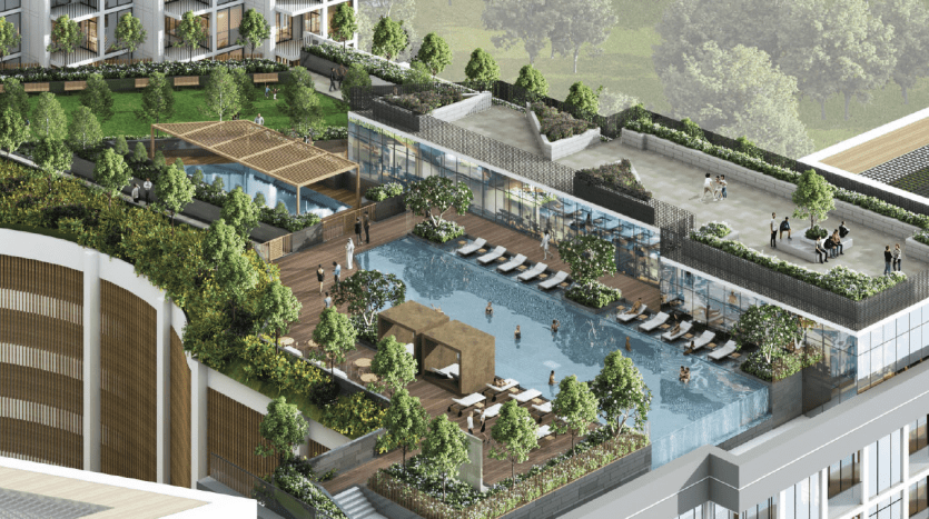 Aerial view of a luxury rooftop in Dubai featuring amenities including a swimming pool, relaxation areas, lush gardens and pedestrian walkways, all surrounded by modern architecture.