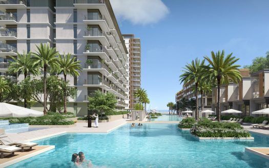 Un rendering artistico di un complesso residenziale di lusso a Dubai, caratterizzato da diversi grattacieli, palme e una grande piscina comune dove i residenti si rilassano e nuotano.